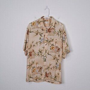 Pierre Cardin Mens Hawaiian Shirt Sz L Floral Pin Up Bamboo Leaf Novelty Print